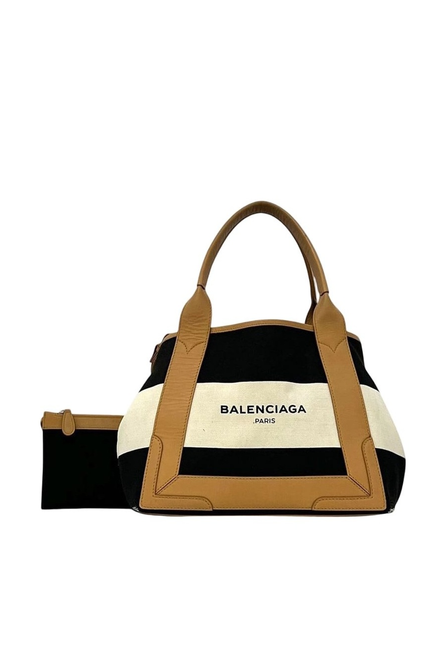 Balenciaga Tote Navy Cabas S Beige Black D Canvas Leather Border Handbag